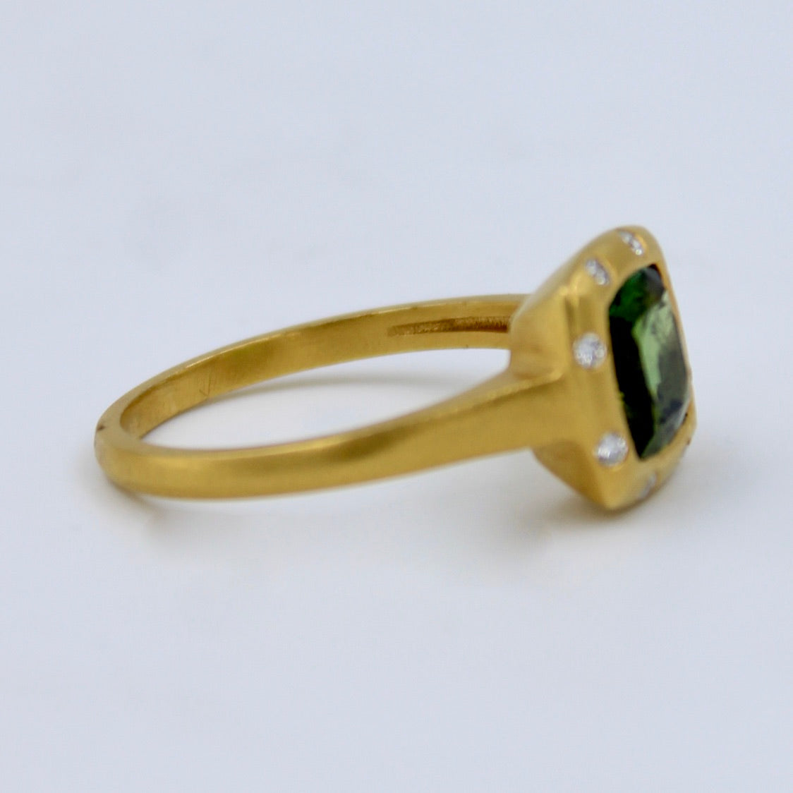 Natural 1.54 Ct Green Chrome Tourmaline & Diamond Ring 18K Brushed Gold