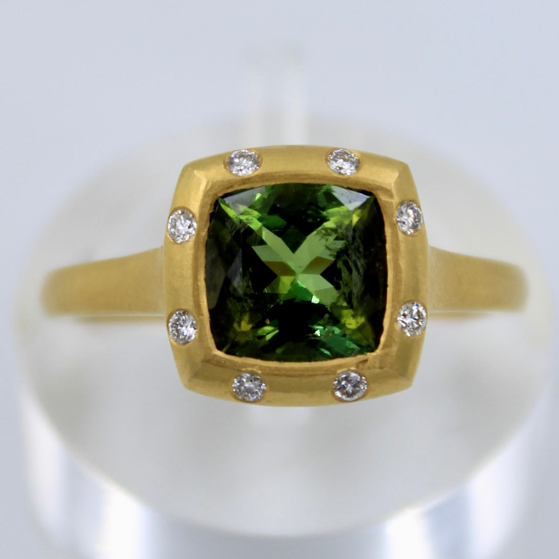 Natural 1.54 Ct Green Chrome Tourmaline & Diamond Ring 18K Brushed Gold