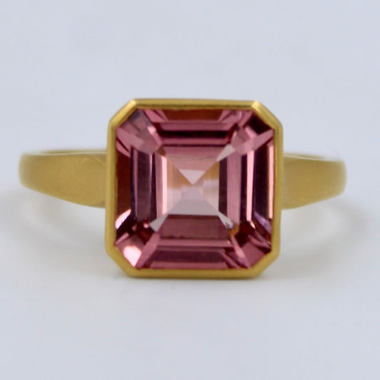 Lustrous 3.1 Ct Asscher Cut Pink Tourmaline Ring in 18K Yellow Brushed Gold Size 7