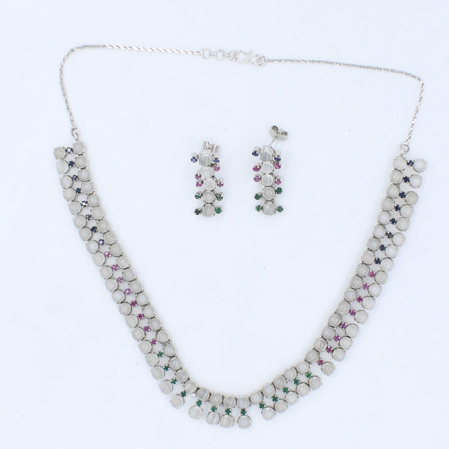 43.4 Ct AAA Natural Moonstone, Emerald, Pink & Blue Sapphire Silver Necklace, Earring & Ring Set