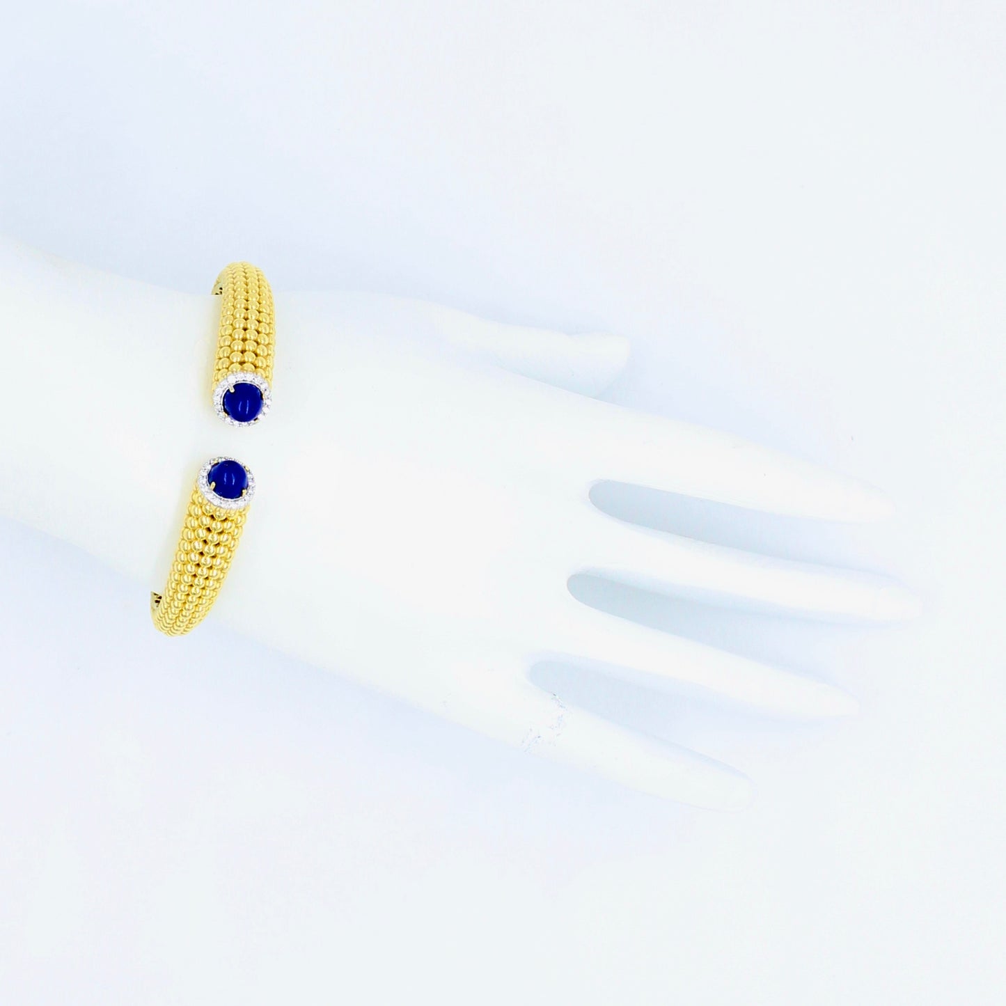 Statement 2.26 Ct Lapis Lazuli & Diamond Hinged Cuff Bracelet Etched 18K Gold