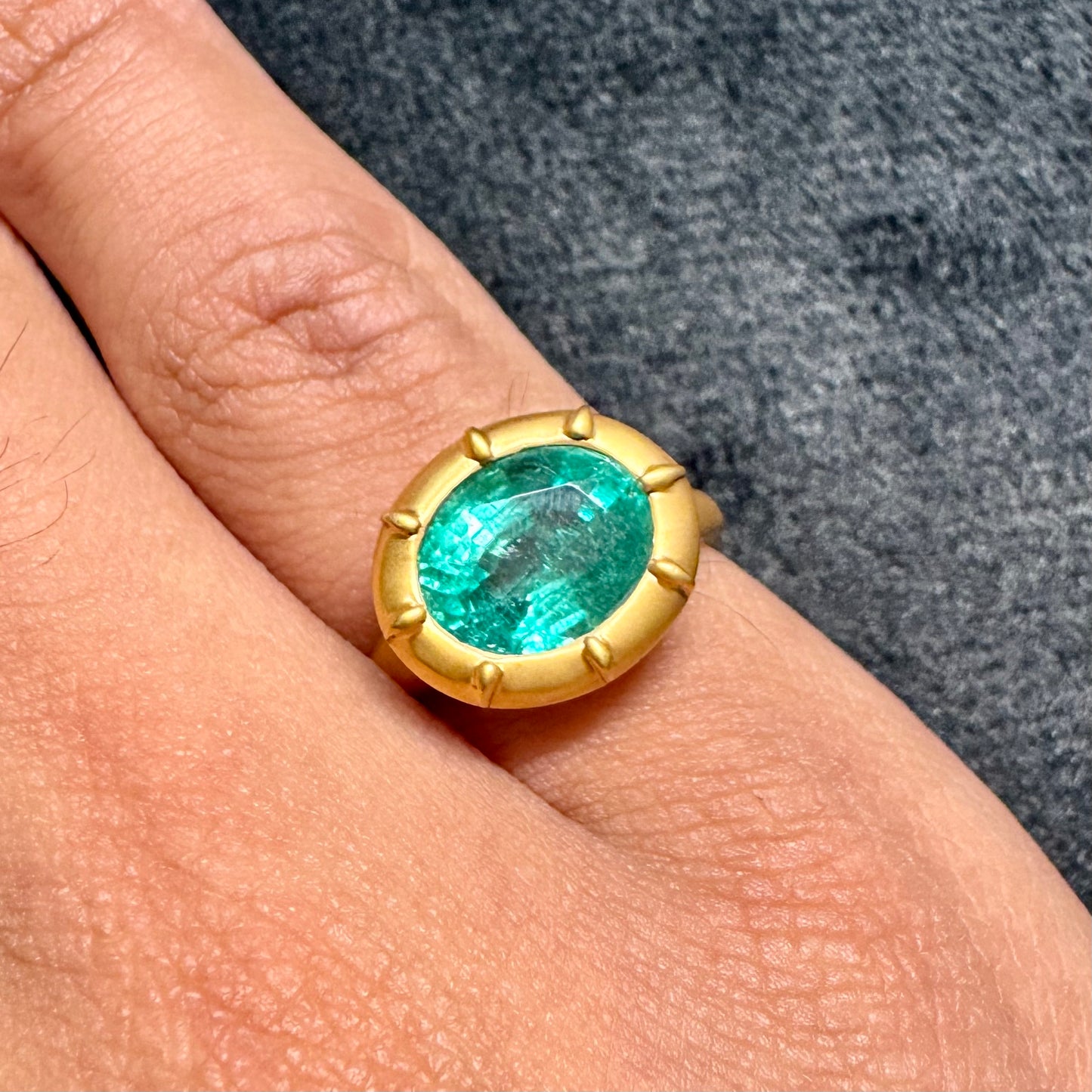 Natural 3.23 Ct Emerald East West Setting Button Back Ring in 18K Yellow Brushed Gold
