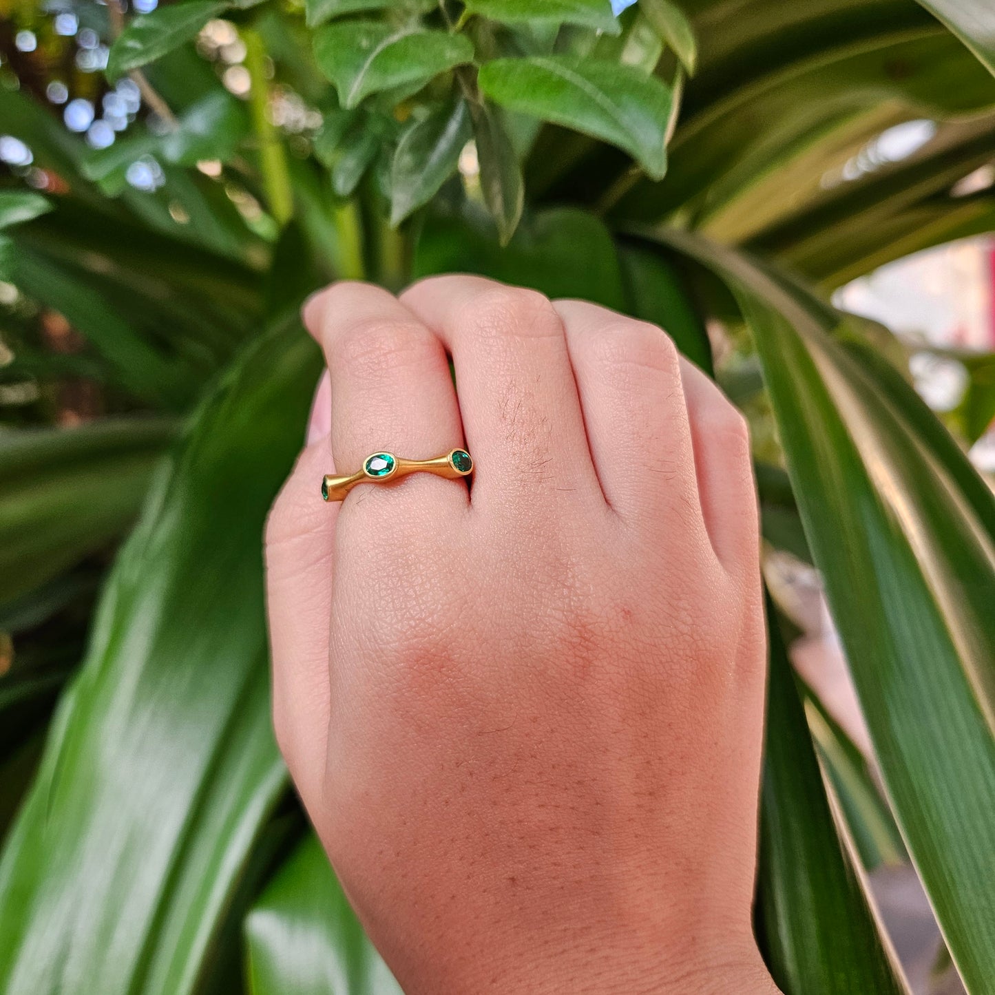 Natural 1.03 Ct Emerald Eternity Band Stackable Ring in 18K Brushed Gold