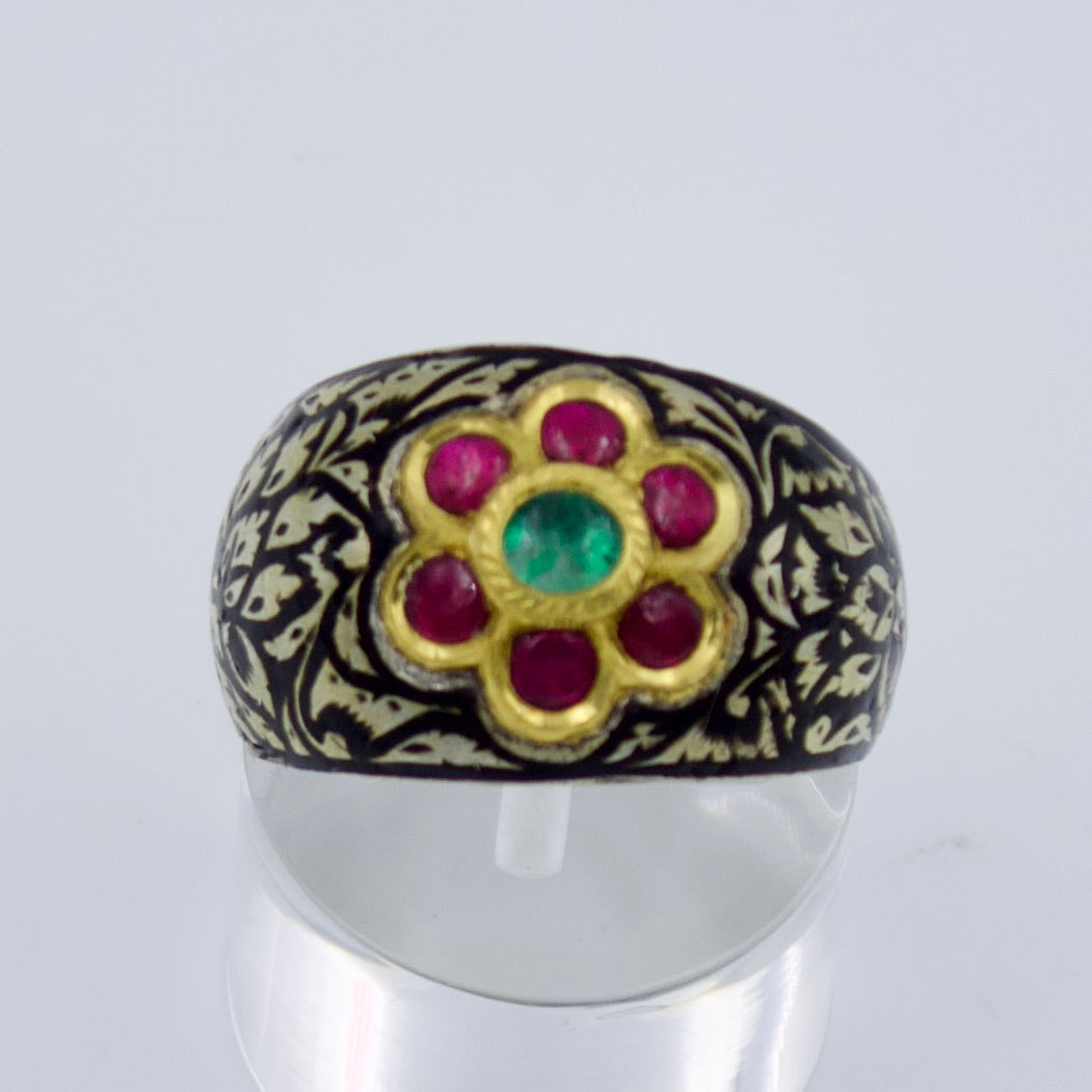 Antique Floral Meenakari Enamel Emerald and Ruby Kundan Ring in Silver & 22K Gold Size