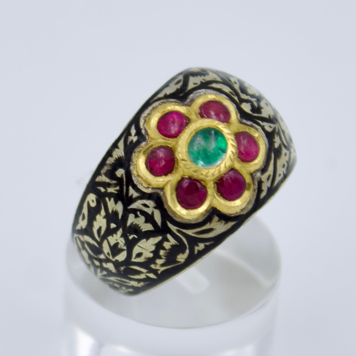 Antique Floral Meenakari Enamel Emerald and Ruby Kundan Ring in Silver & 22K Gold Size