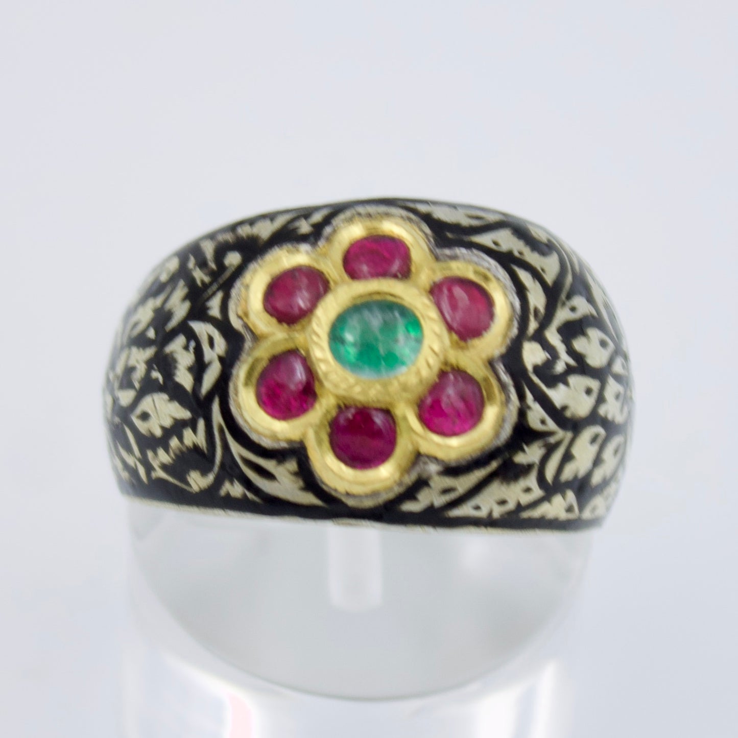 Antique Floral Meenakari Enamel Emerald and Ruby Kundan Ring in Silver & 22K Gold Size