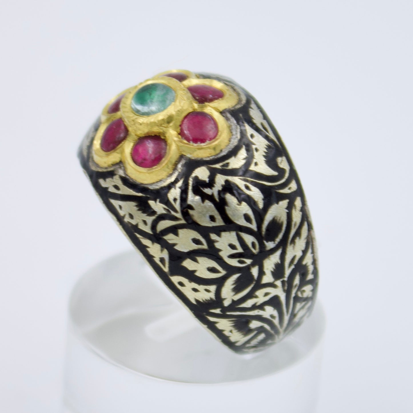 Antique Floral Meenakari Enamel Emerald and Ruby Kundan Ring in Silver & 22K Gold Size