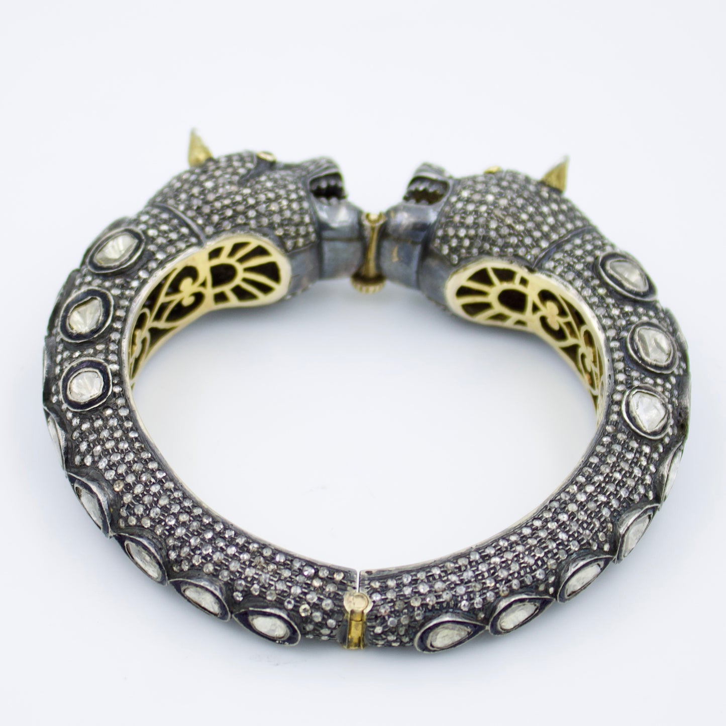 Victorian Panther Hinged Statement Bracelet with Natural Diamond, Rubies and Polki Diamond in 14K Yellow Gold and Sterling Silver