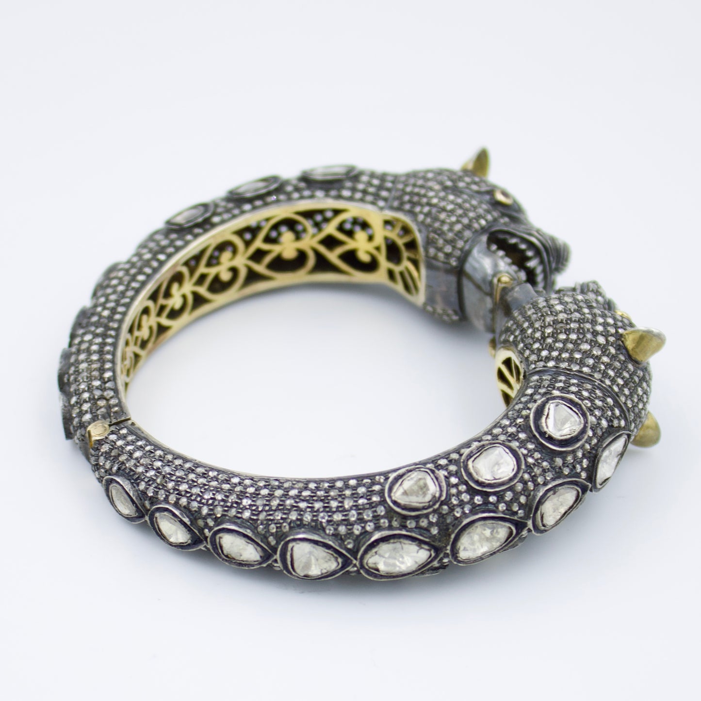 Victorian Panther Hinged Statement Bracelet with Natural Diamond, Rubies and Polki Diamond in 14K Yellow Gold and Sterling Silver