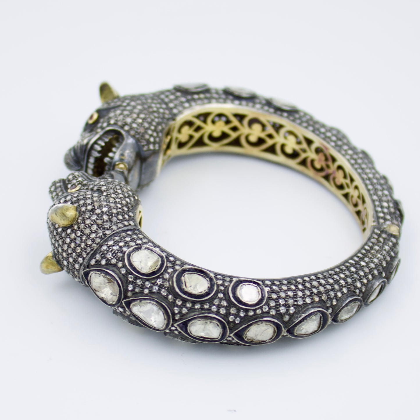 Victorian Panther Hinged Statement Bracelet with Natural Diamond, Rubies and Polki Diamond in 14K Yellow Gold and Sterling Silver
