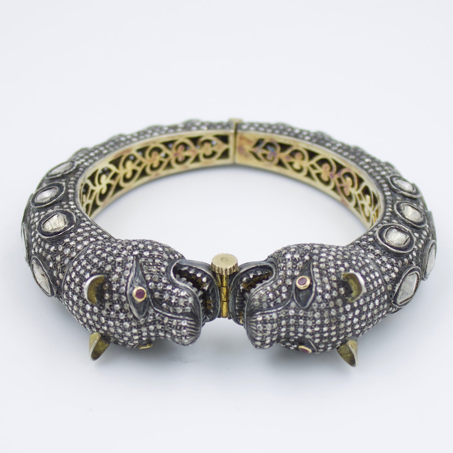 Victorian Panther Hinged Statement Bracelet with Natural Diamond, Rubies and Polki Diamond in 14K Yellow Gold and Sterling Silver