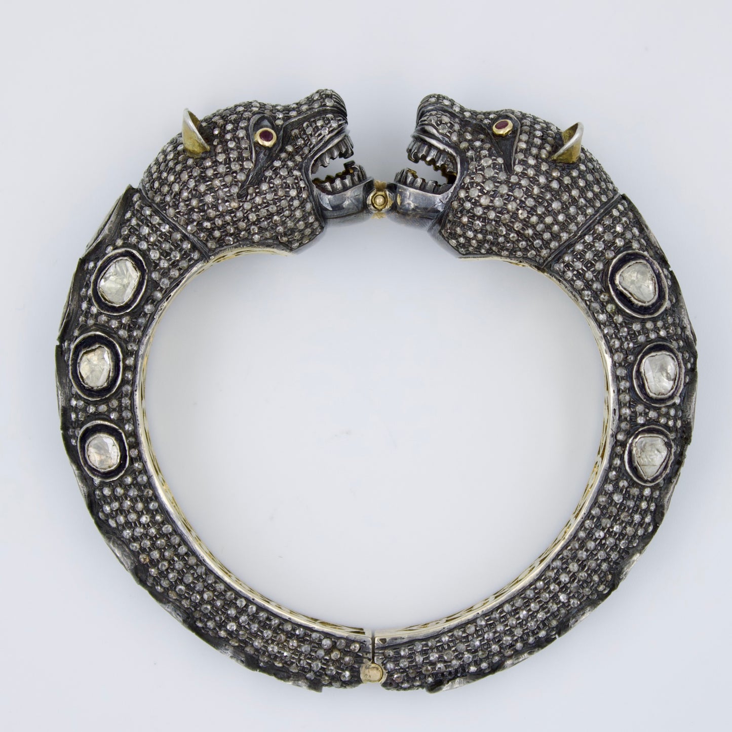Victorian Panther Hinged Statement Bracelet with Natural Diamond, Rubies and Polki Diamond in 14K Yellow Gold and Sterling Silver