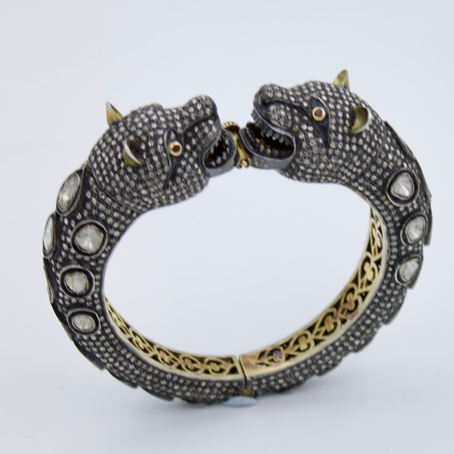 Victorian Panther Hinged Statement Bracelet with Natural Diamond, Rubies and Polki Diamond in 14K Yellow Gold and Sterling Silver