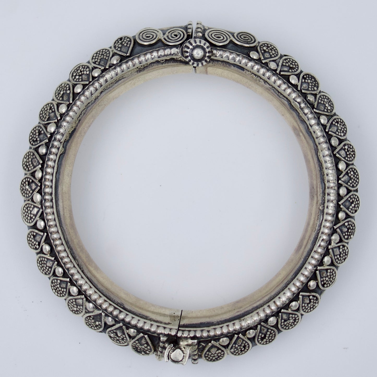 Hand Etched Hinged Tribal Indian Hinged Kada Bangle with Rawa Work in Sterling Silver