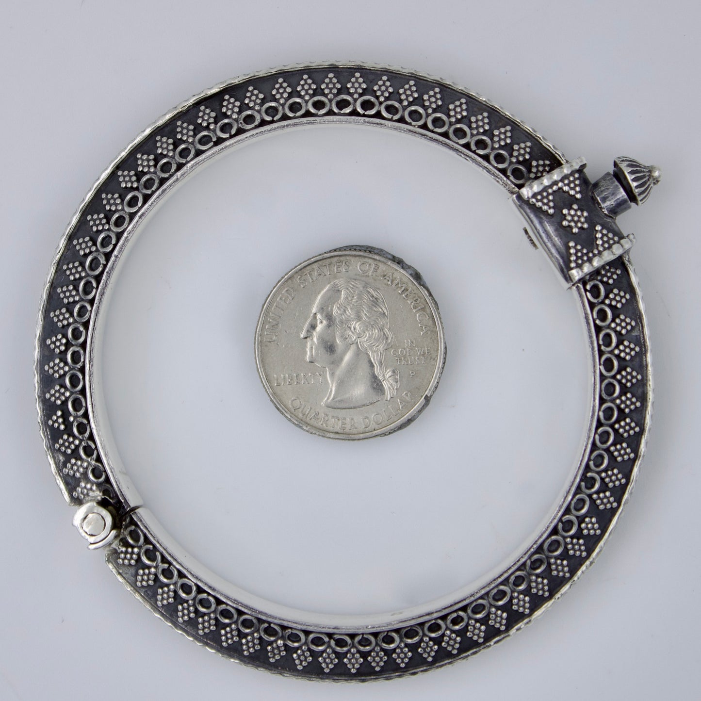 Vintage Handmade Etched Hinged Tribal Indian Kada Bangle in Sterling Silver Perfect Gift Size 7.25 Inches