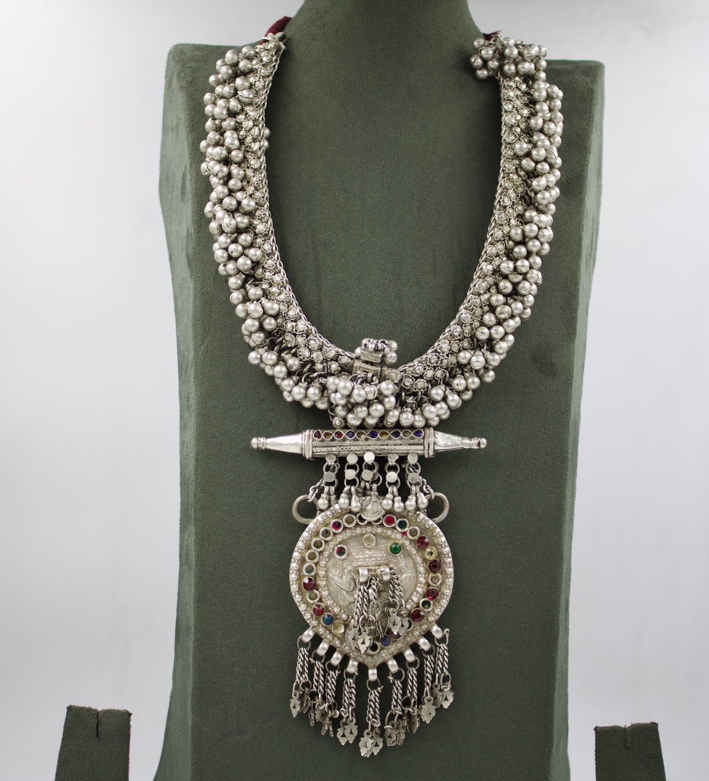 Antique Indian Rajasthani Tribal Long Statement Pendant Necklace in Silver Circa 1930 Collection Piece