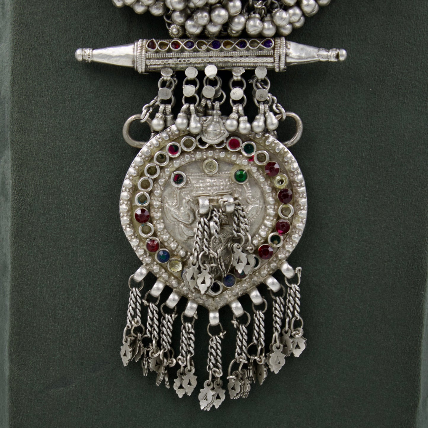 Antique Indian Rajasthani Tribal Long Statement Pendant Necklace in Silver Circa 1930 Collection Piece