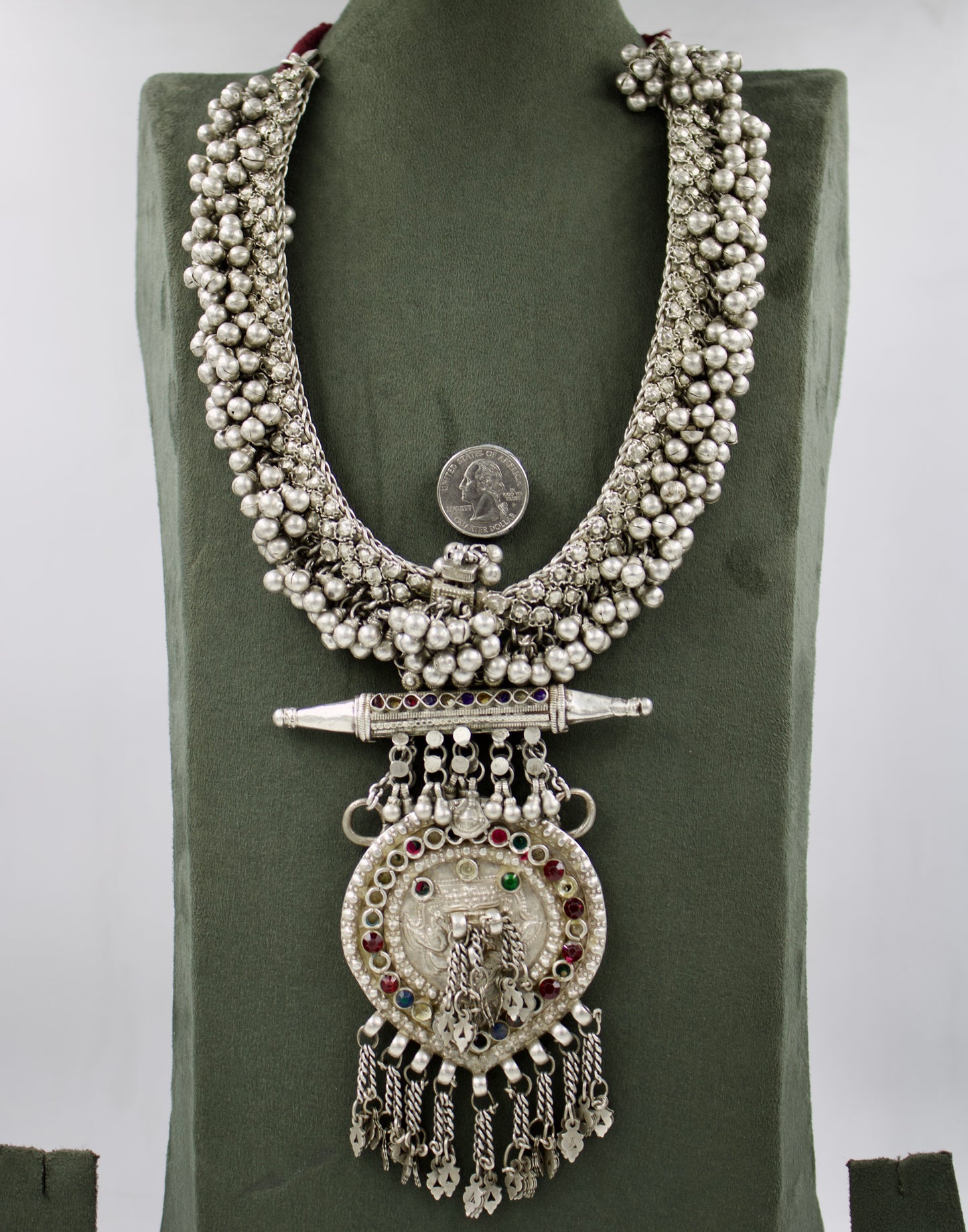 Antique Indian Rajasthani Tribal Long Statement Pendant Necklace in Silver Circa 1930 Collection Piece