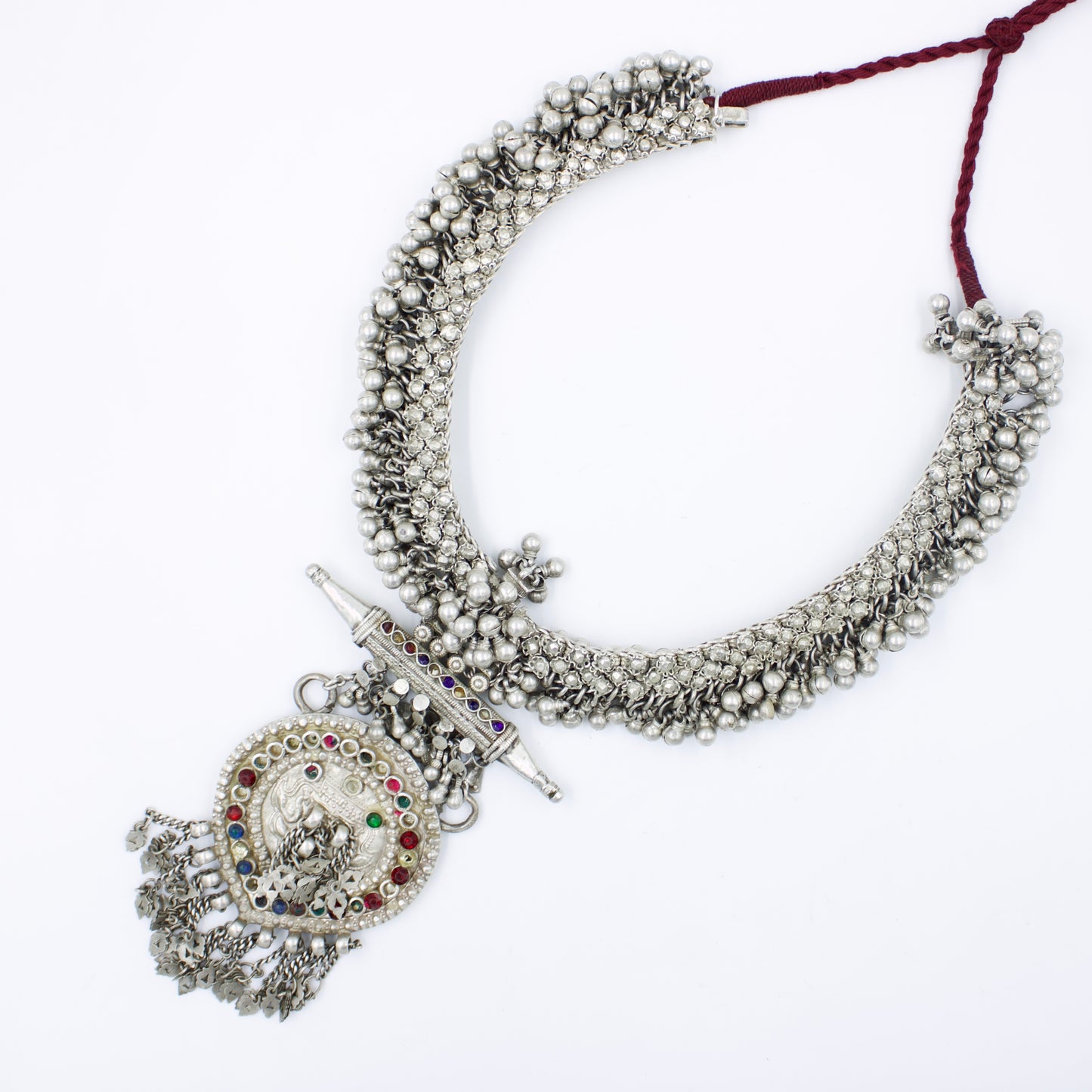Antique Indian Rajasthani Tribal Long Statement Pendant Necklace in Silver Circa 1930 Collection Piece