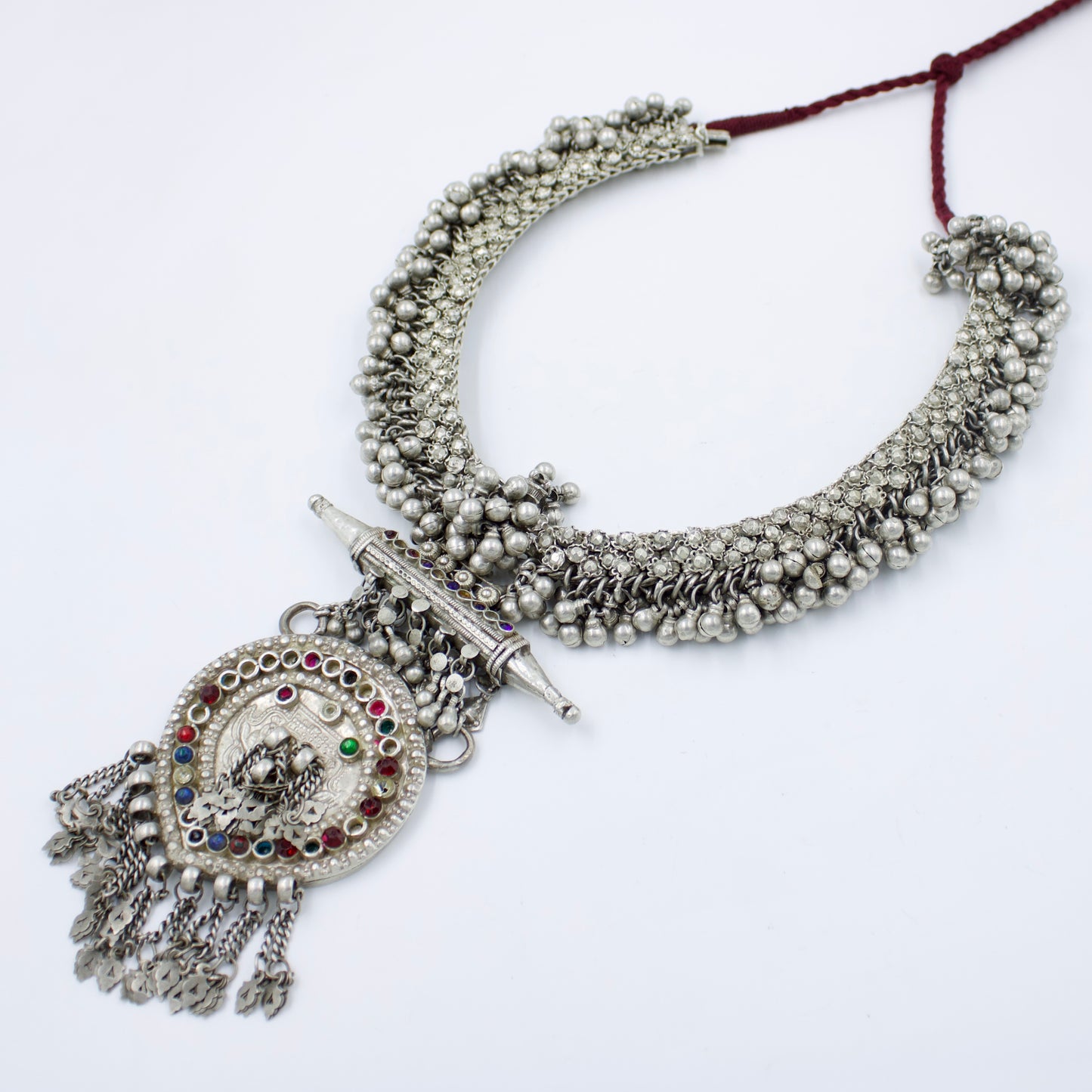 Antique Indian Rajasthani Tribal Long Statement Pendant Necklace in Silver Circa 1930 Collection Piece