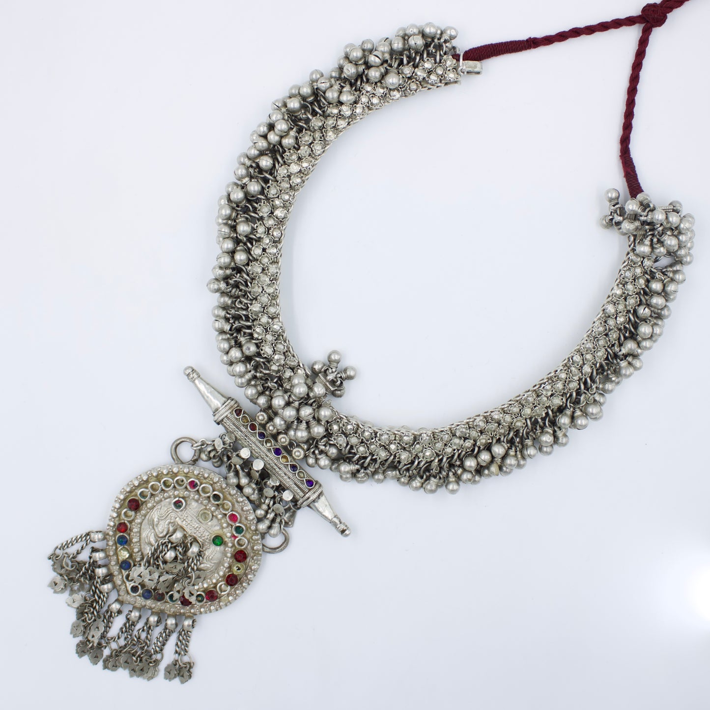 Antique Indian Rajasthani Tribal Long Statement Pendant Necklace in Silver Circa 1930 Collection Piece