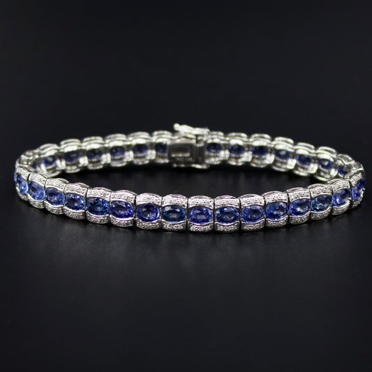 Elegant AAA 15 Ct Sapphire and Diamond Luxury Statement Tennis Bracelet in 18K White Gold