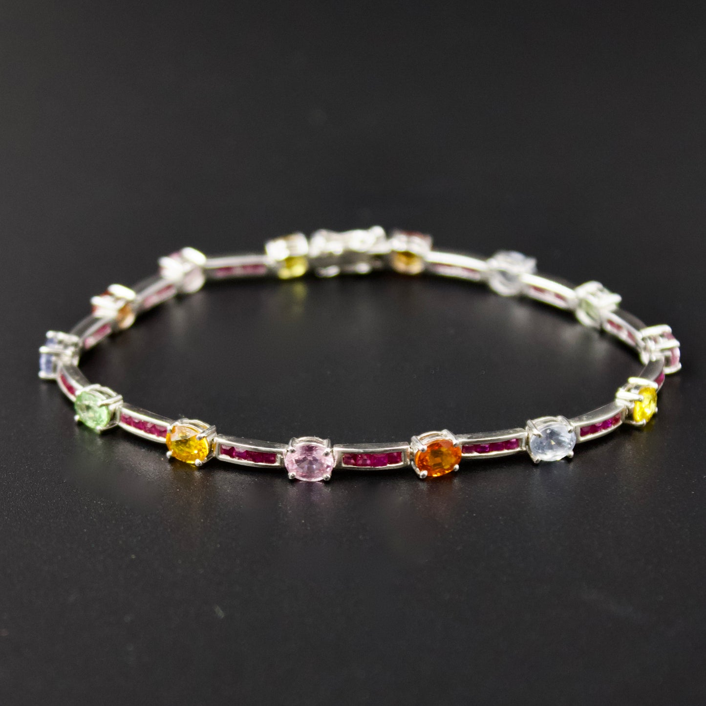 Elegant AAA Rainbow Sapphire and Ruby Luxury Statement Tennis Bracelet in 18K White Gold