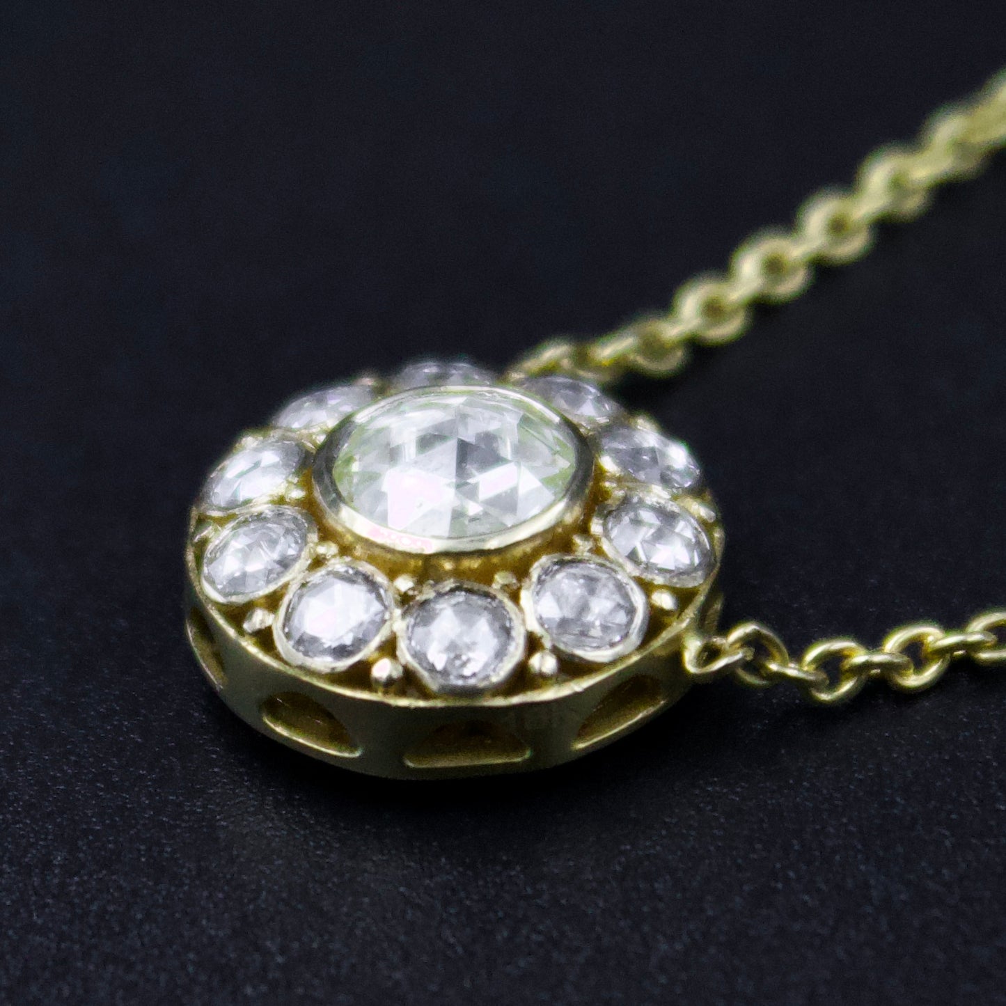 Elegant Natural 2.56 TCW Rose Cut Diamond Statement Pendant Necklace with Filigree Work in 18K Yellow Brushed Gold