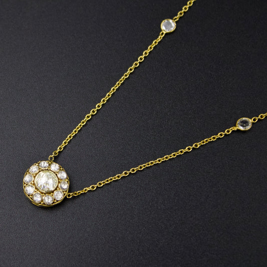 Elegant Natural 2.56 TCW Rose Cut Diamond Statement Pendant Necklace with Filigree Work in 18K Yellow Brushed Gold