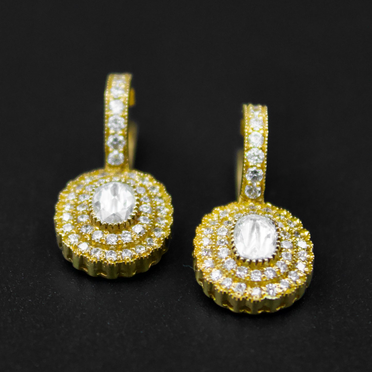 Elegant Natural 2.0 TCW Rose Cut Diamond Statement Cluster Drop Earrings with Filigree Work Back in 18K Yellow Brushed Gold