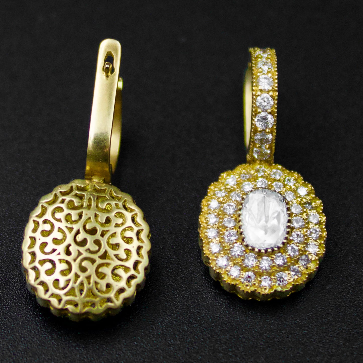 Elegant Natural 2.0 TCW Rose Cut Diamond Statement Cluster Drop Earrings with Filigree Work Back in 18K Yellow Brushed Gold
