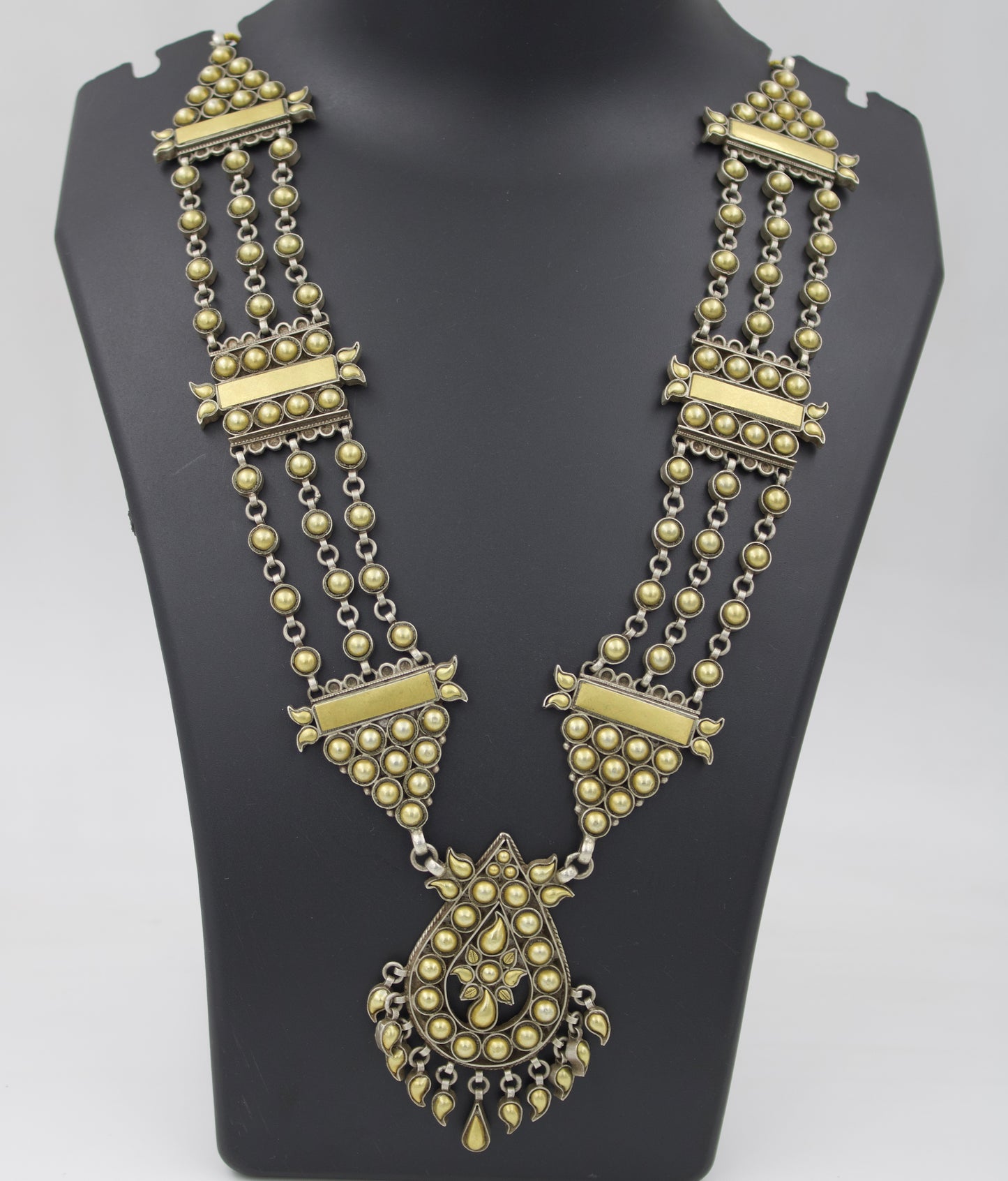 Handmade Rajasthani Gold and Silver dual-toned Statement Barmeri Necklace with 3 Strand Chain in Sterling Silver