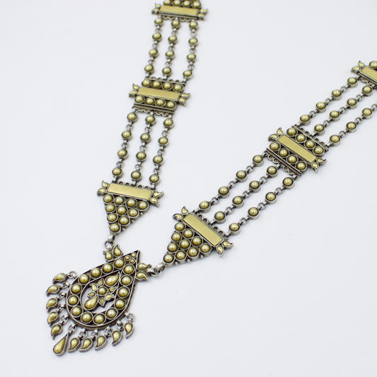 Handmade Rajasthani Gold and Silver dual-toned Statement Barmeri Necklace with 3 Strand Chain in Sterling Silver