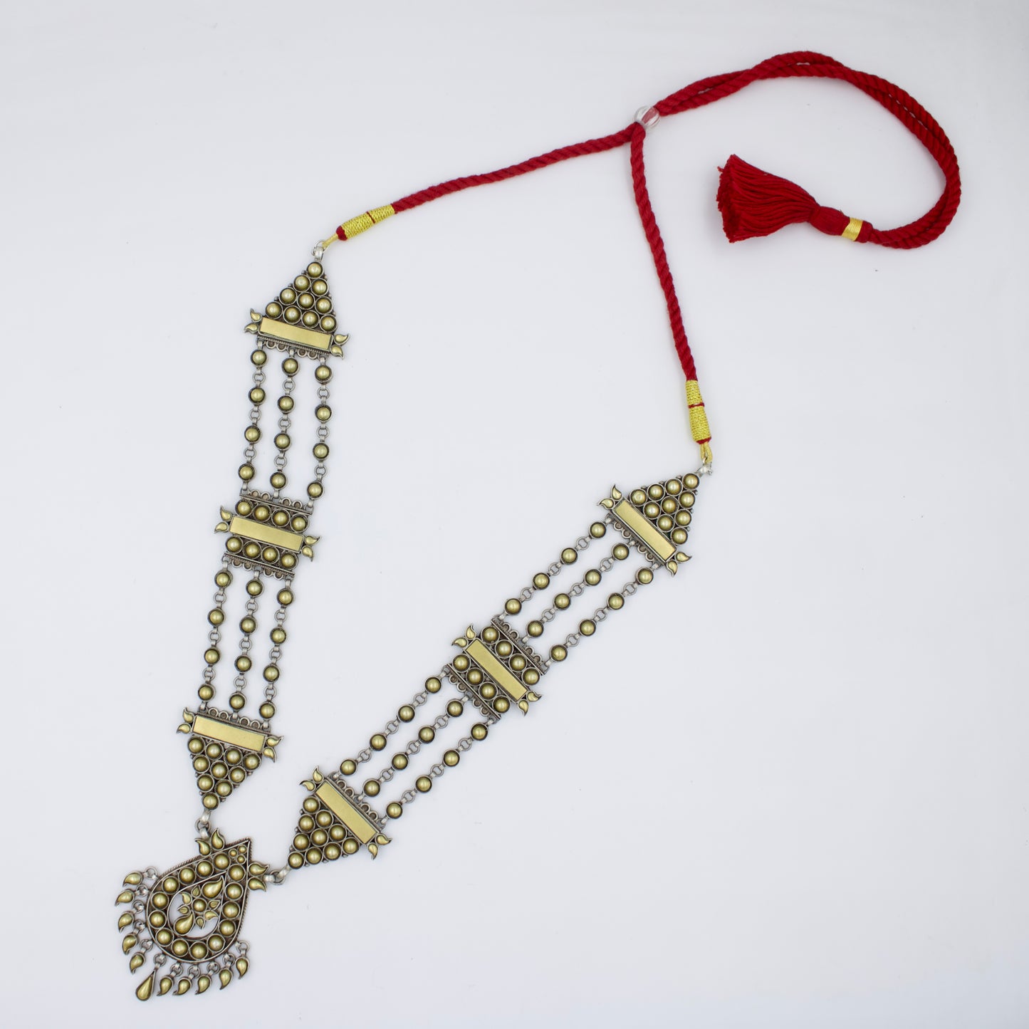 Handmade Rajasthani Gold and Silver dual-toned Statement Barmeri Necklace with 3 Strand Chain in Sterling Silver