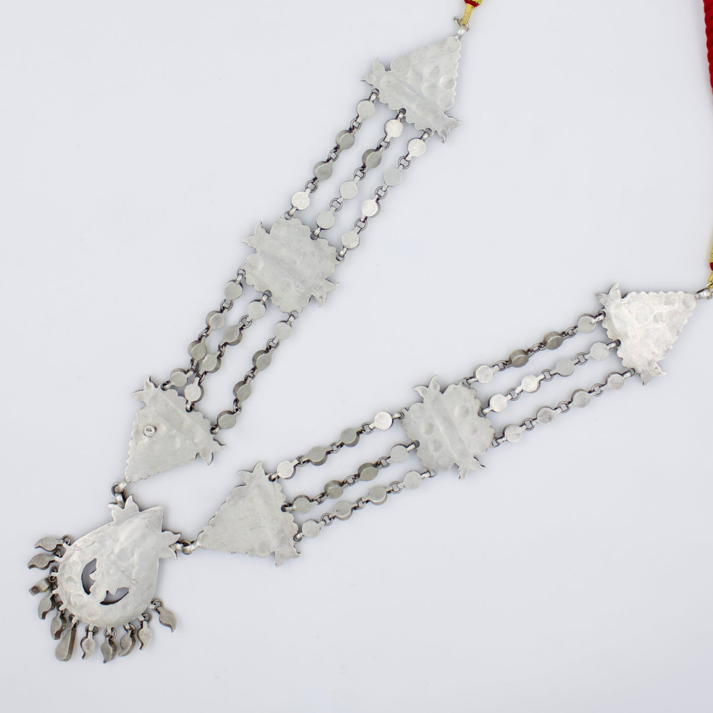 Handmade Rajasthani Gold and Silver dual-toned Statement Barmeri Necklace with 3 Strand Chain in Sterling Silver