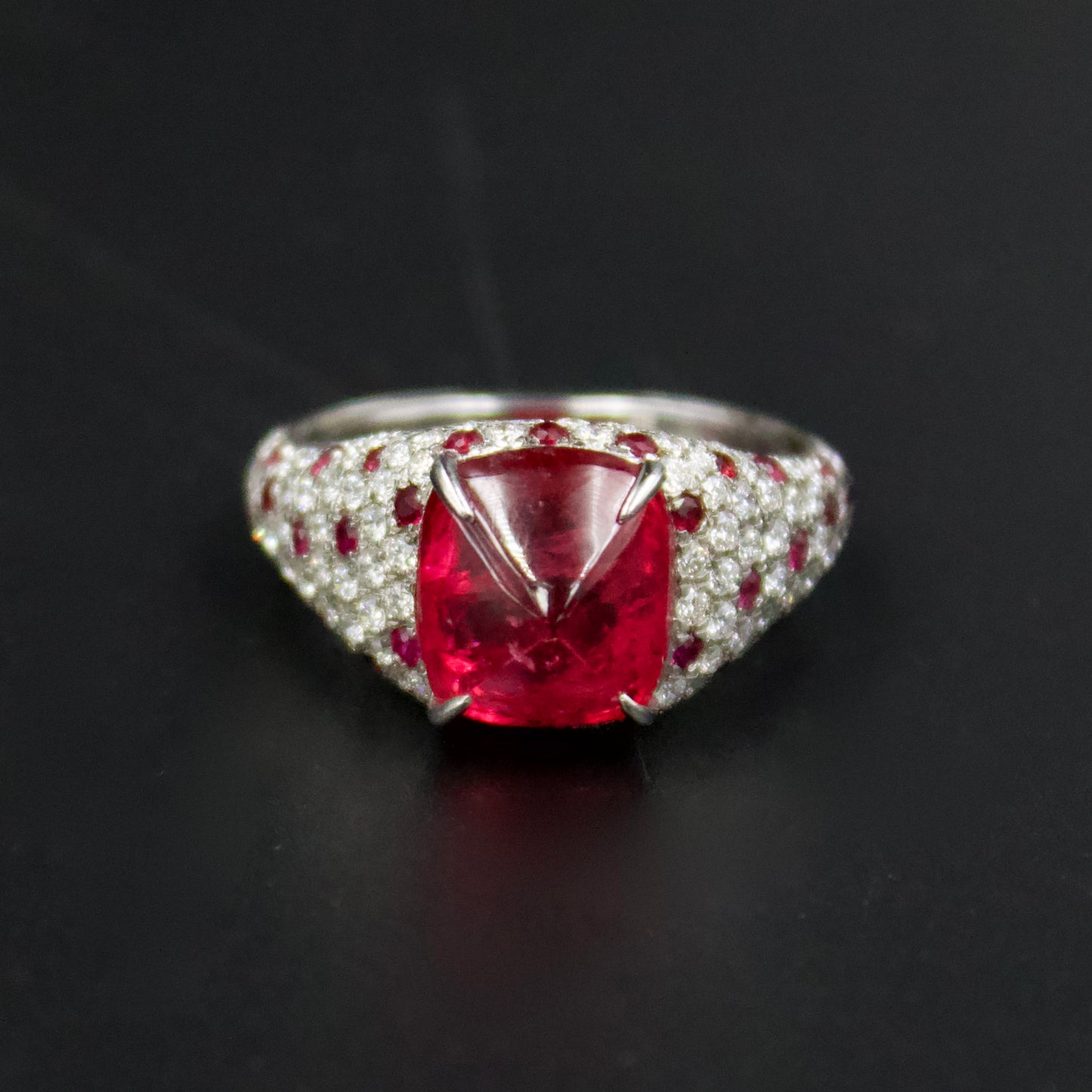 Luxury IGI Certified 5.7 ct Burmese Jedi Red Spinel, Ruby and Diamond Statement Cocktail Ring in 18K White Gold