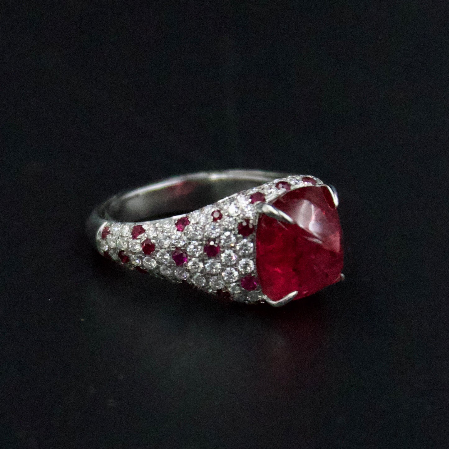 Luxury IGI Certified 5.7 ct Burmese Jedi Red Spinel, Ruby and Diamond Statement Cocktail Ring in 18K White Gold