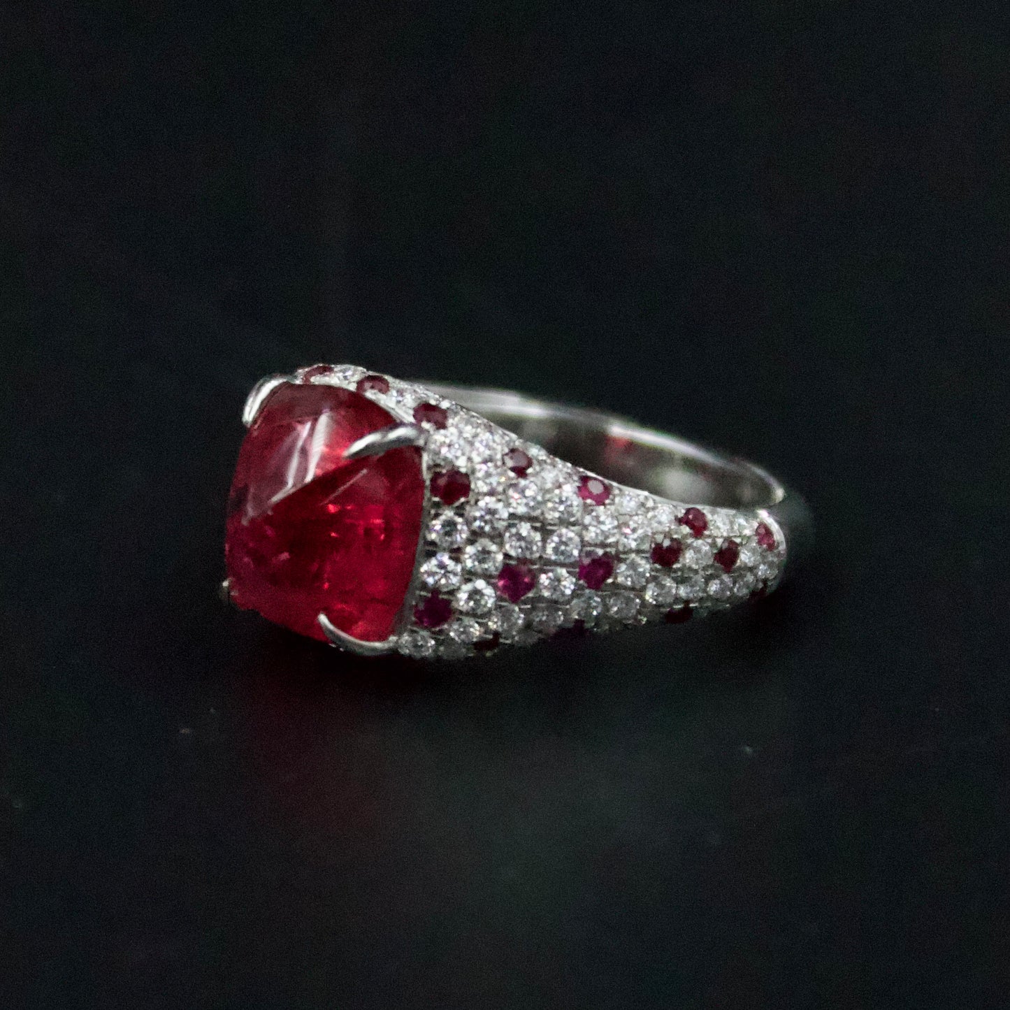 Luxury IGI Certified 5.7 ct Burmese Jedi Red Spinel, Ruby and Diamond Statement Cocktail Ring in 18K White Gold