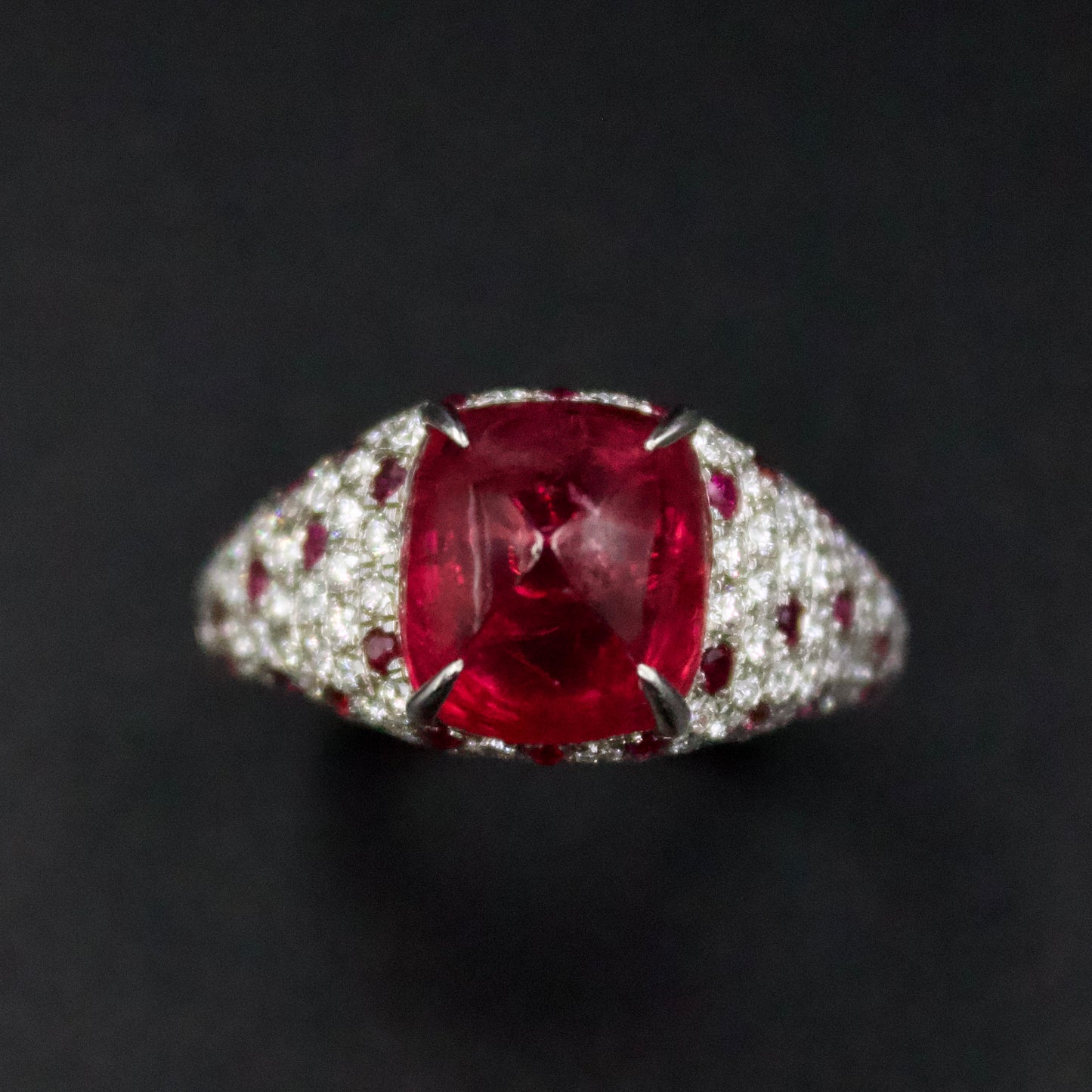 Luxury IGI Certified 5.7 ct Burmese Jedi Red Spinel, Ruby and Diamond Statement Cocktail Ring in 18K White Gold