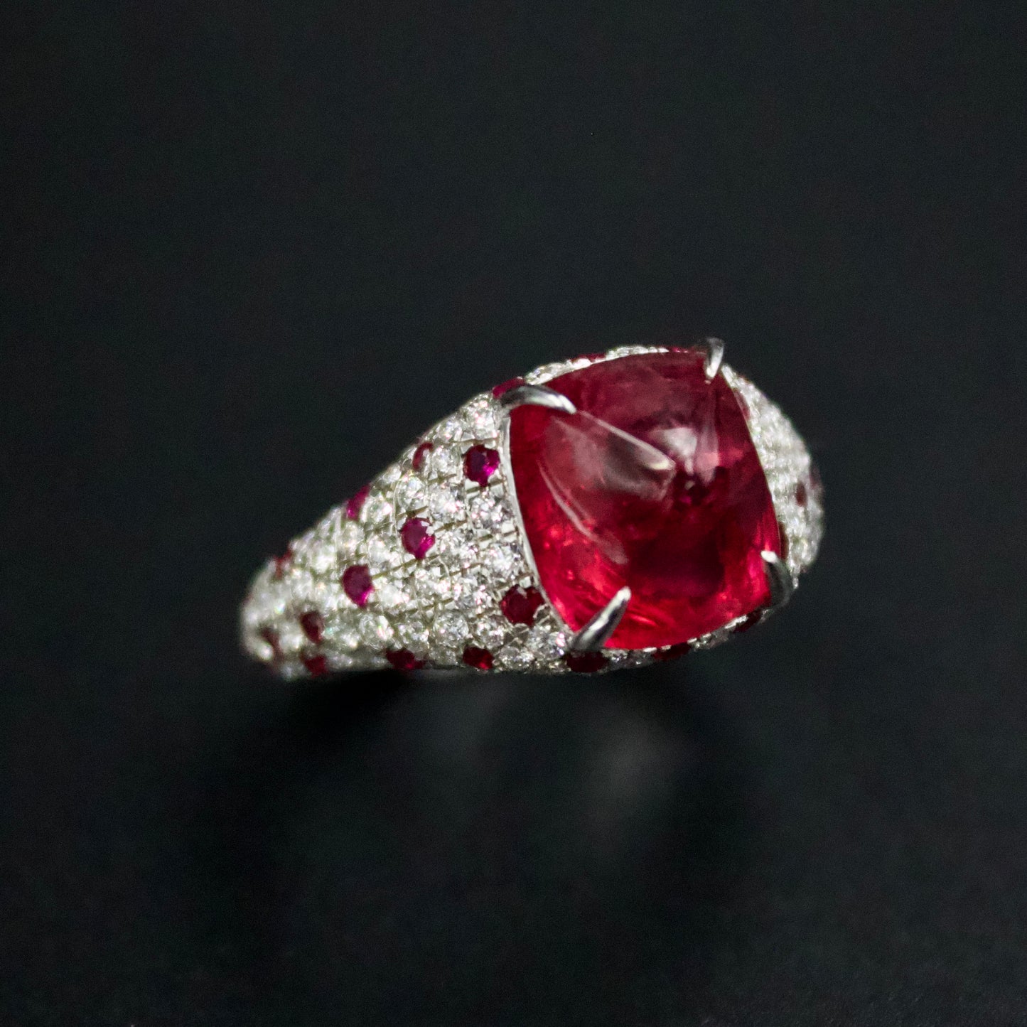 Luxury IGI Certified 5.7 ct Burmese Jedi Red Spinel, Ruby and Diamond Statement Cocktail Ring in 18K White Gold