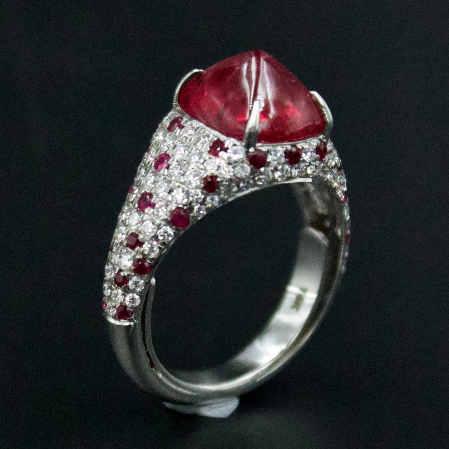 Luxury IGI Certified 5.7 ct Burmese Jedi Red Spinel, Ruby and Diamond Statement Cocktail Ring in 18K White Gold