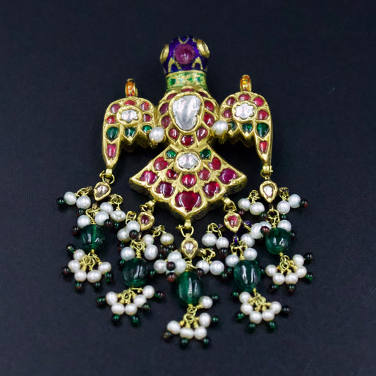 Vintage Kundan Eagle Statement Meenakari Enamel Pendant with Natural Polki Diamond Rubies Natural Saltwater Pearls & Emeralds in 22K Gold