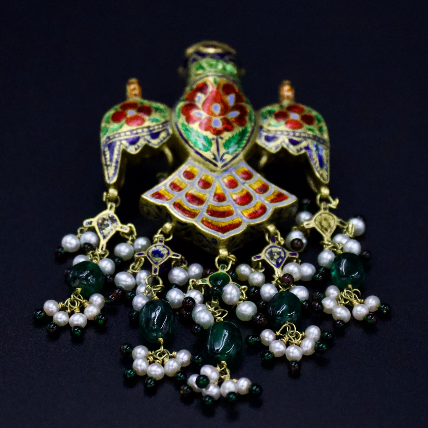 Vintage Kundan Eagle Statement Meenakari Enamel Pendant with Natural Polki Diamond Rubies Natural Saltwater Pearls & Emeralds in 22K Gold