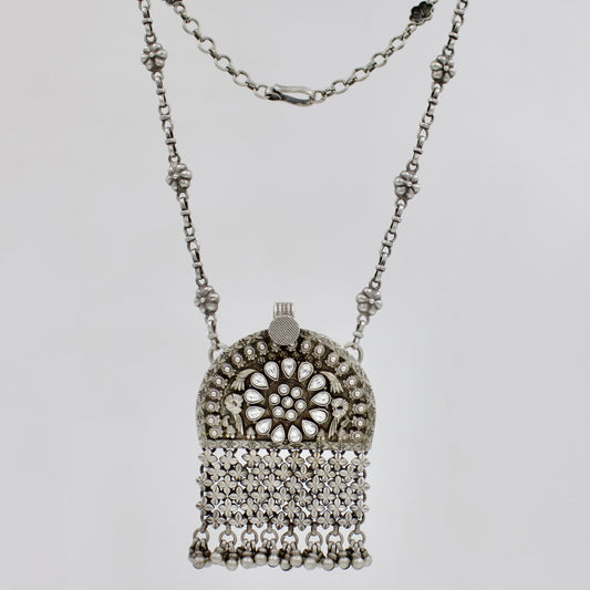Vintage Indian Rajasthani Tribal Long Statement Kundan Ghungroo Pendant Necklace in Sterling Silver 23 Inch Long Necklace