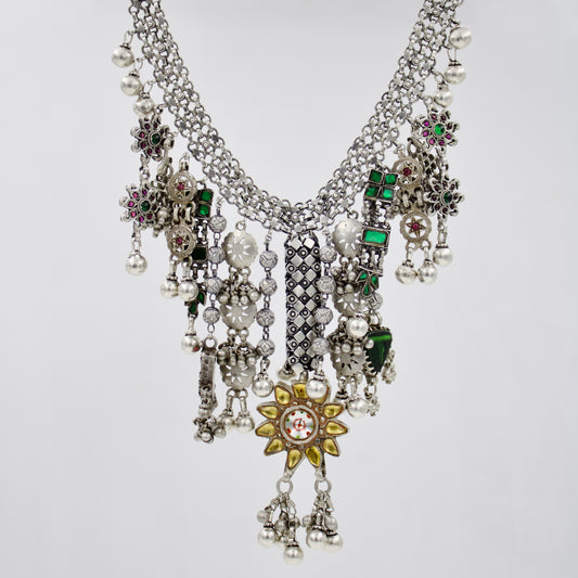 Vintage Indian Fusion Tribal Statement Charm Choker Necklace with Rhinestone and Multi-color Tourmalines in Sterling Silver 13.5 Inches
