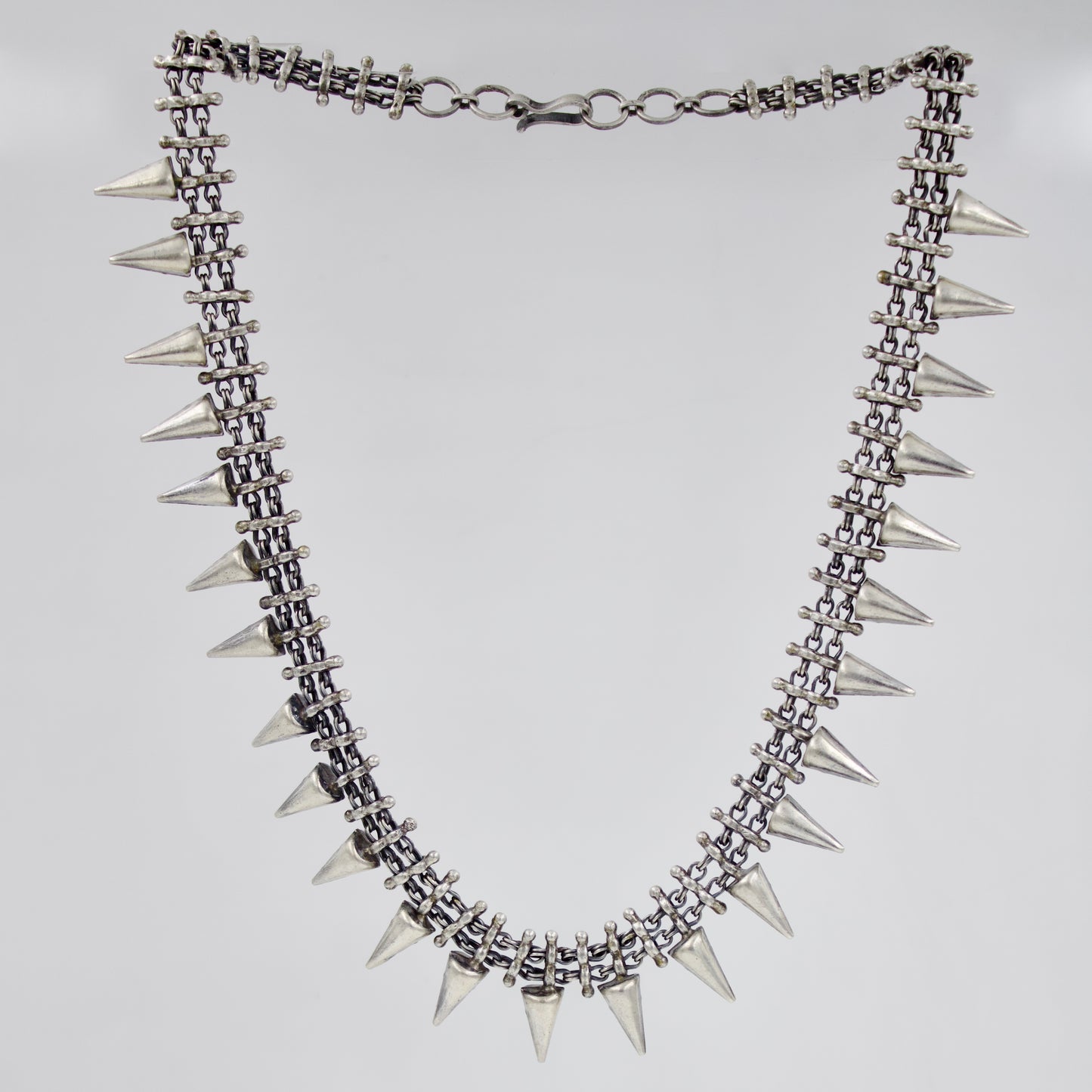 Vintage Indian Handmade Rajasthani Tribal Spiked Statement Necklace in Sterling Silver 20 Inch