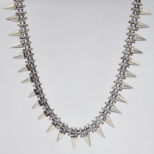 Vintage Indian Handmade Rajasthani Tribal Spiked Statement Necklace in Sterling Silver 20 Inch