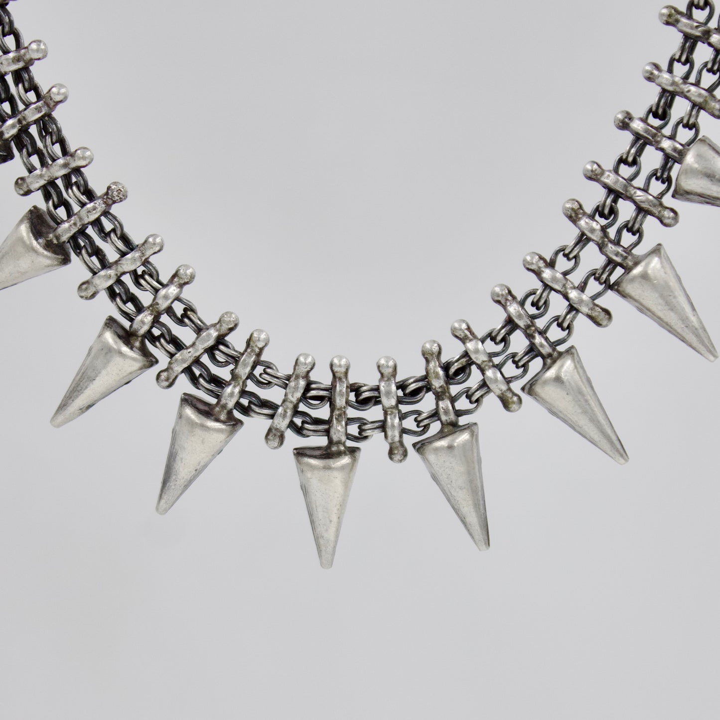 Vintage Indian Handmade Rajasthani Tribal Spiked Statement Necklace in Sterling Silver 20 Inch