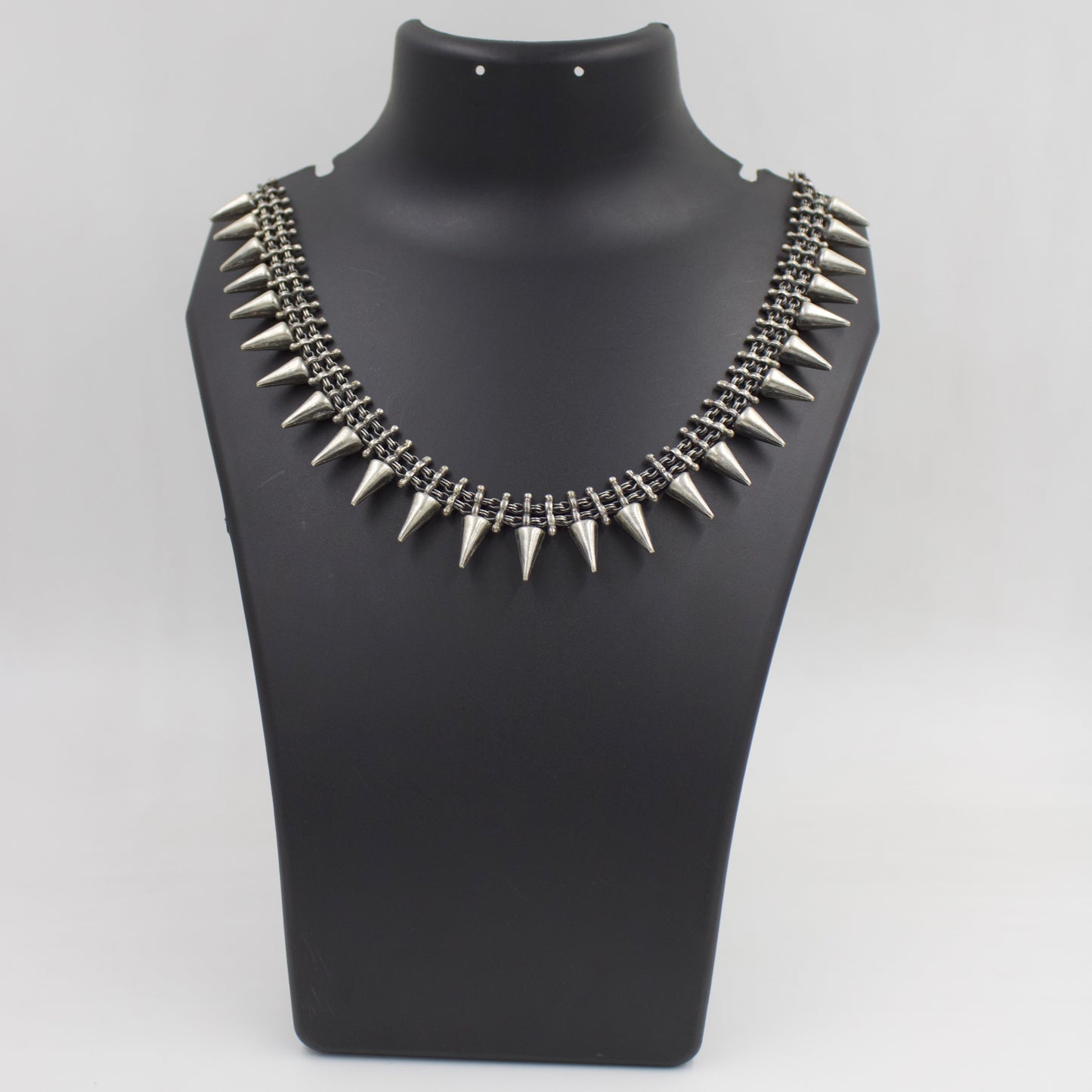 Vintage Indian Handmade Rajasthani Tribal Spiked Statement Necklace in Sterling Silver 20 Inch
