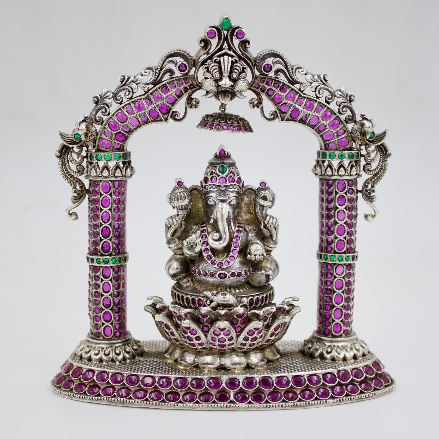 Handmade Lord Ganesha with Frame Idol adorned with Ruby & Emerald in Sterling Silver